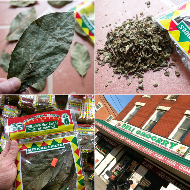 Avocado leaf and Mexican oregano at a Mexican grocery store