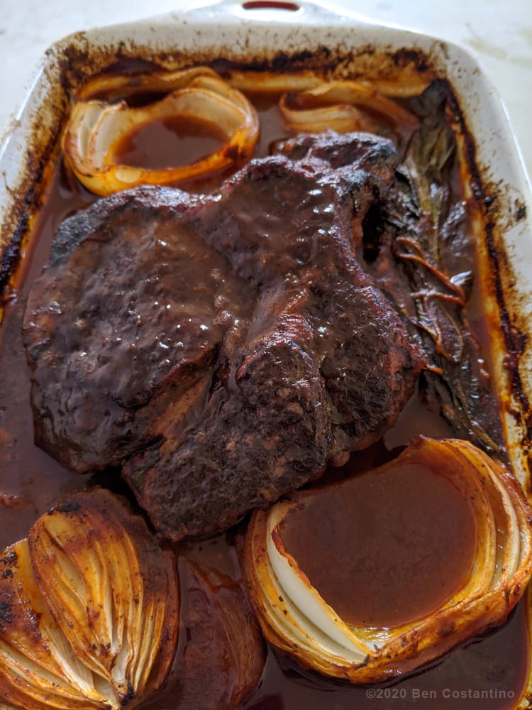 braised beef out of the oven for shepherd's pie