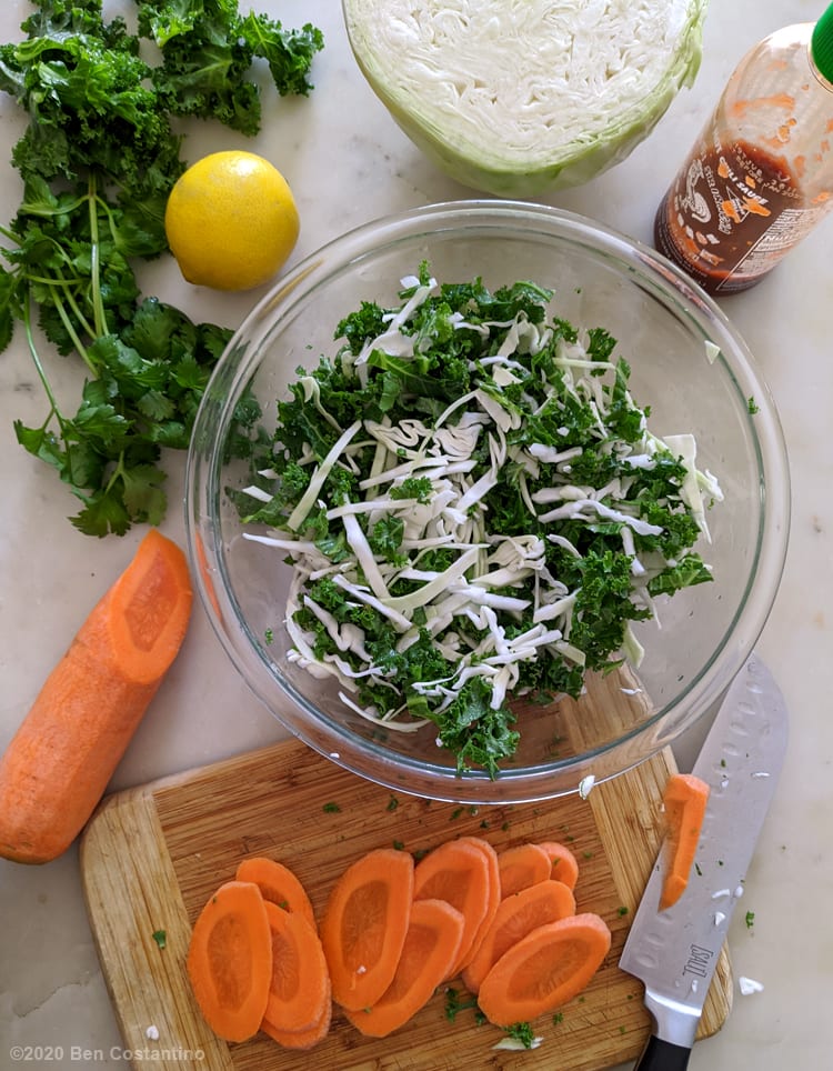 preparing kale slaw