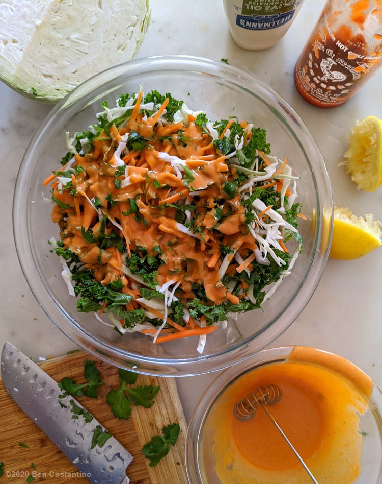 Kale slaw with Sriracha mayo dressing