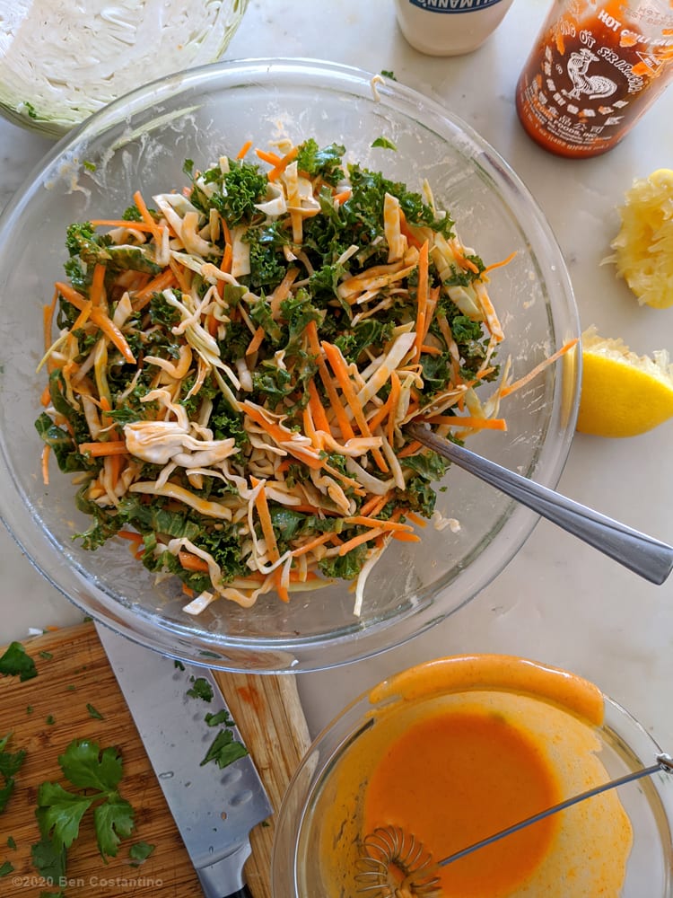 kale slaw with Sricacha dressing completed