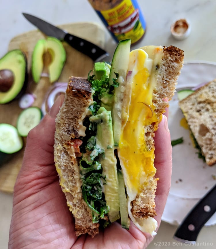 vegetarian sandwich with an over easy egg