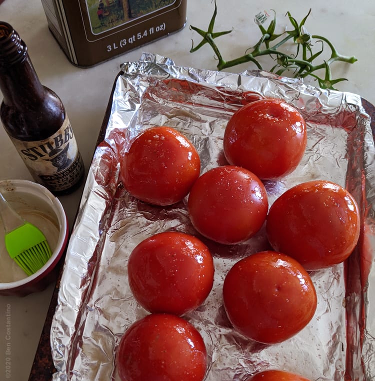 tomates being roasted with olive oil and liquid smoke