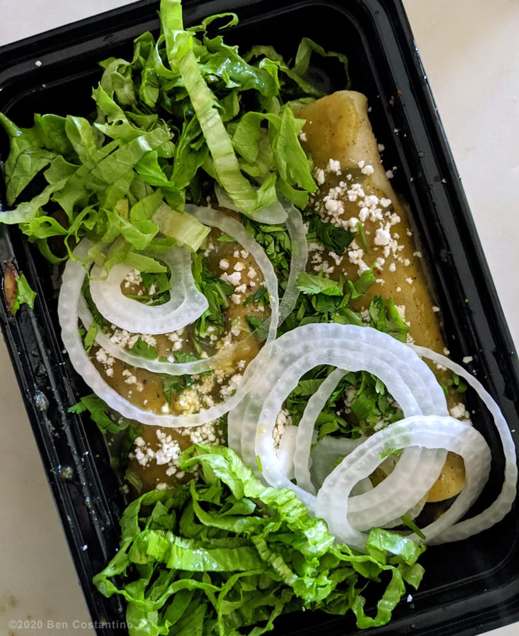 Green enchiladas made takeout style.