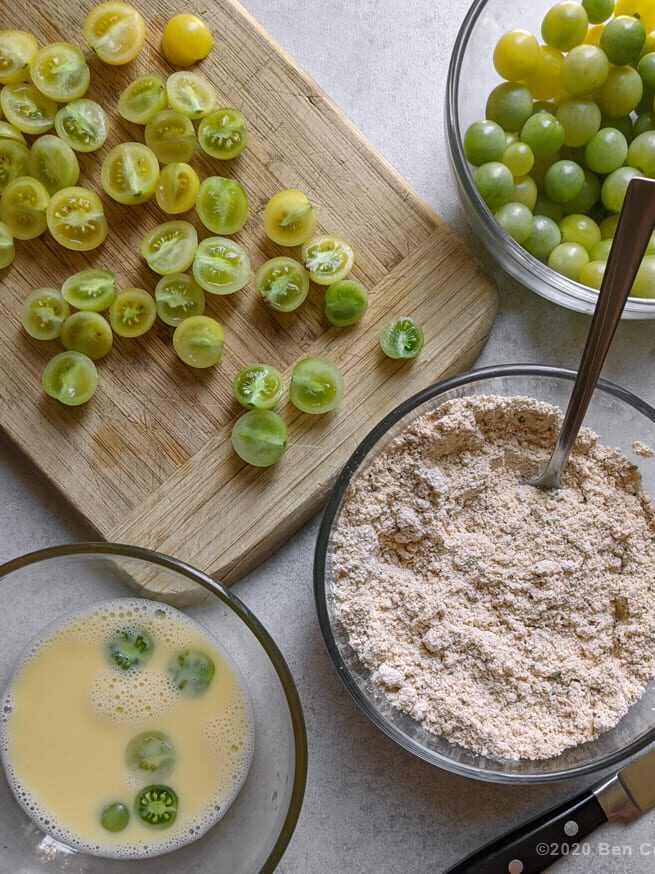 green tomatoes, egg, and seasoned cornmeal
