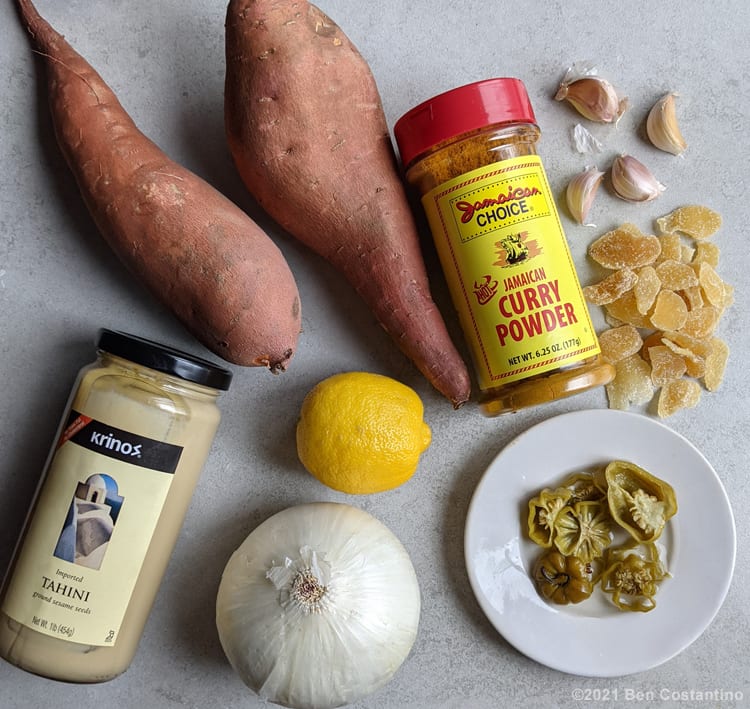 ingredients for sweet potato dip with Jamaican curry and candied ginger