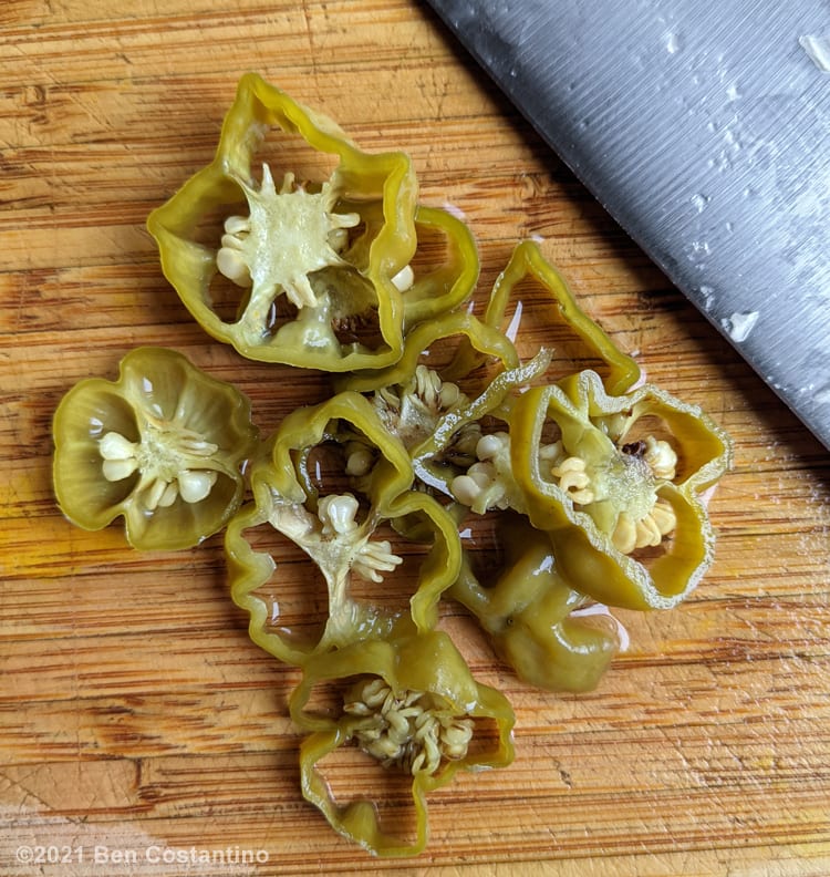 Scotch bonnet peppers pickled and sliced