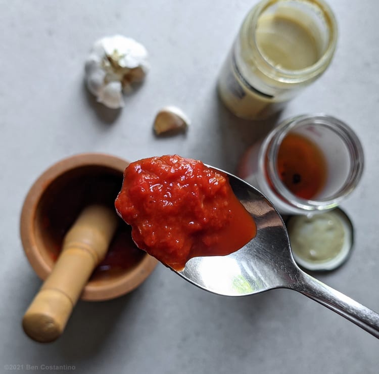 red pepper paste made made in a mortar and pestle