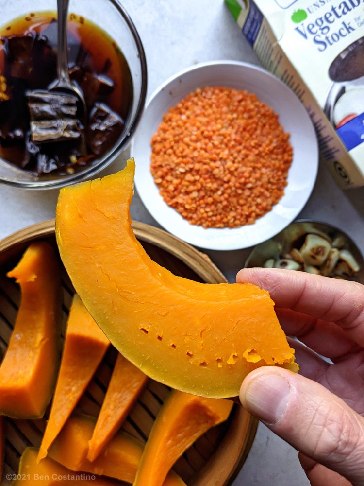 steamed calabaza pumpkin with hydrated pasilla chiles and red lentils