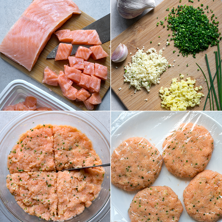 salmon cut up into chunks, chopped ginger, garlic and chives, and ground salmon divided and pressed into patties