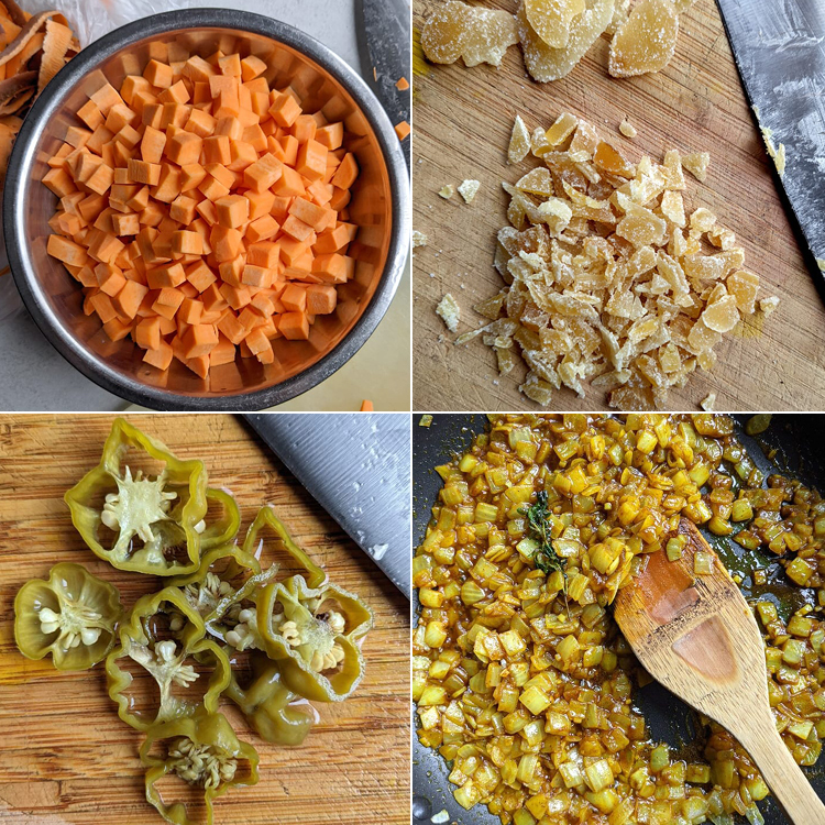 diced sweet potatoes in a bowl, chopped candied ginger, pickled Scotch Bonnet peppers sliced on a cutting board, diced onions cooked with yellow curry and thyme