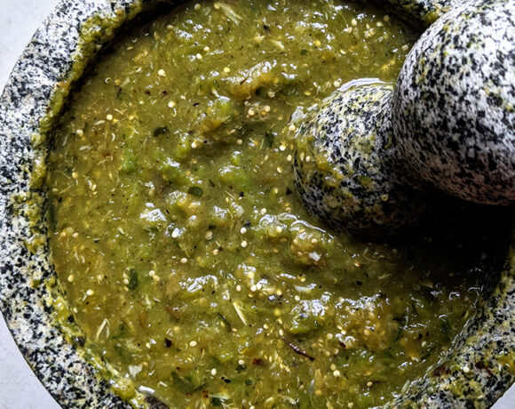 fresh salsa verde in a molcajete
