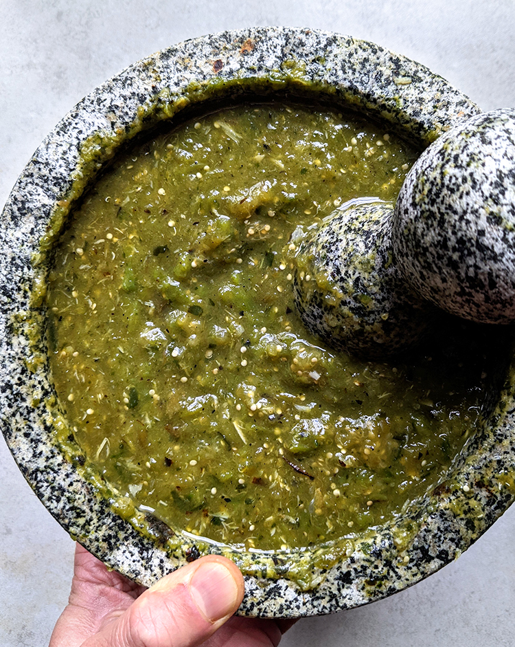 fresh salsa verde in a molcajete