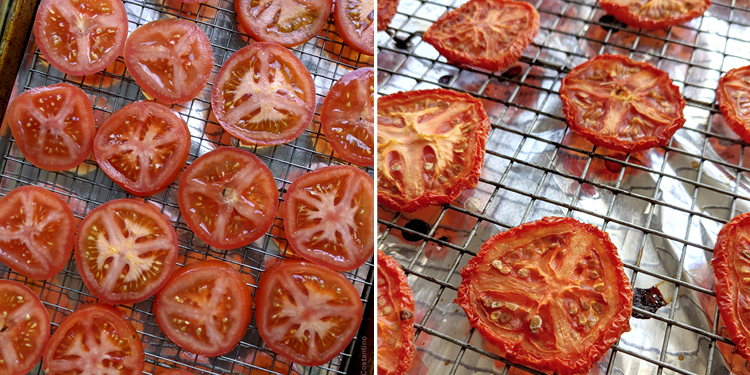 tomato slices on an oven rack before and after drying